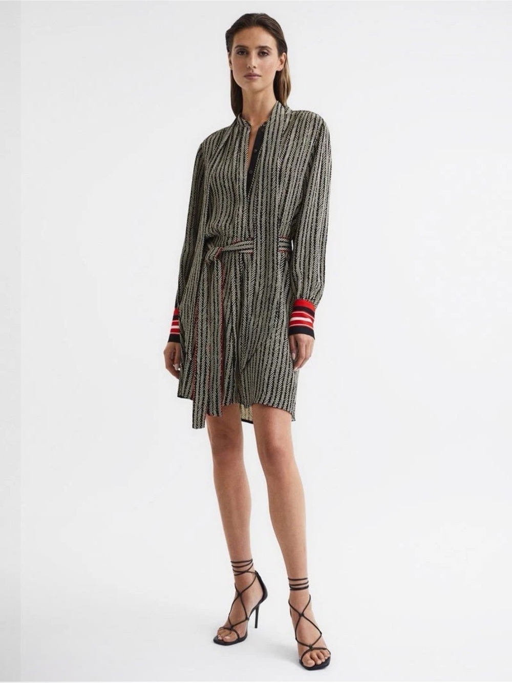 Reiss Robyn Contrasting Stripe Cuff Printed Mini Dress Red Black pussybow - Picture 2 of 8